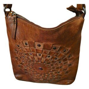 Woven-front cowhide crossbody bag with decorative stud rivets